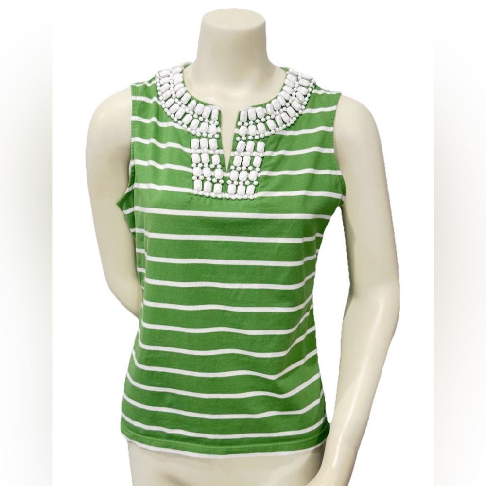 Talbots Petites Green Striped Jeweled Neck Sleeveless Top L